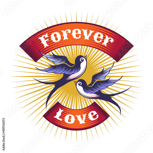 Two Swallows and Banner with wordings Forever Love Tattoo