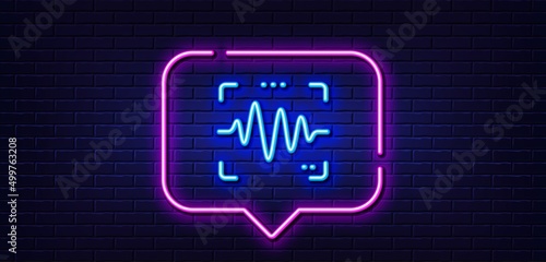 Neon light speech bubble. Voice wave line icon. Sound scan sign. Audio verification symbol. Neon light background. Voice wave glow line. Brick wall banner. Vector
