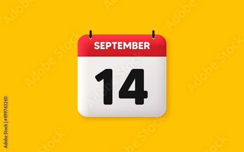 Calendar date 3d icon. 14th day of the month icon. Event schedule date. Meeting appointment time. Agenda plan, September month schedule 3d calendar and Time planner. 14th day day reminder. Vector