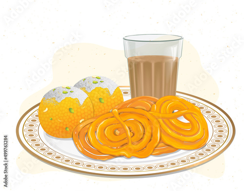 Ladoo, Jalebi and Tea  Indian Stree food vector illustration
