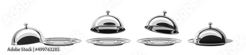 Silver tray with closed and open cloche in different angle view. Realistic 3d set of empty chrome plates with dome lids for serving hot food in restaurant. Metal dishes isolated on white background photo