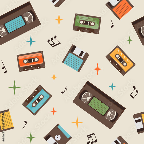 Retro elements in eighties style flat vector seamless pattern. Illustration cassettes for a tape recorder, VHS video tape cassette, floppy disk, notes. Vintage cartoon background, vector texture.
