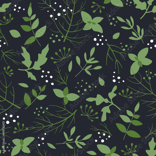 Spicy herbs - dill, basil, mint, cumin, oregano flat vector seamless pattern. Organic fresh herbs illustration. Background on the theme of cuisine, cooking, farm products, vitamin food.