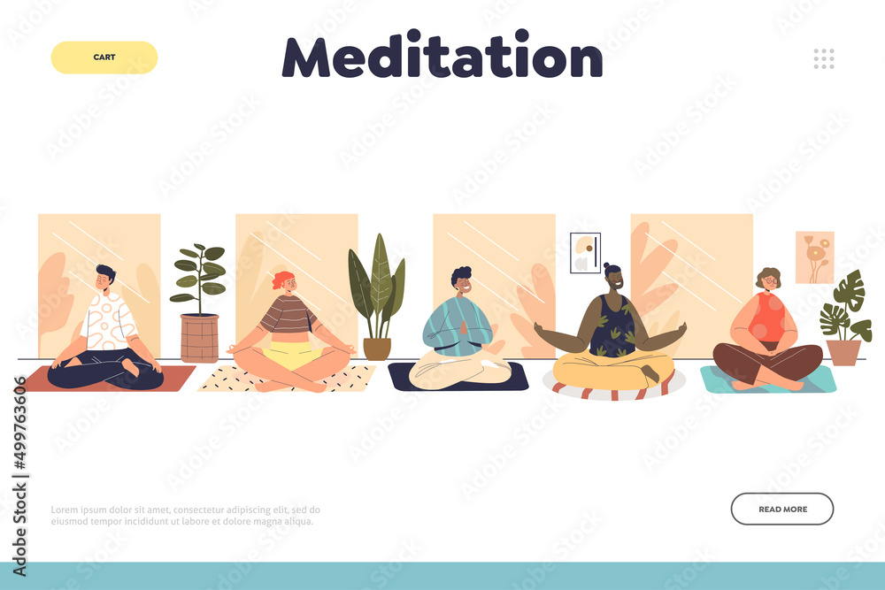 Meditation concept of landing page with people meditating. Young cartoon men and women practice yoga