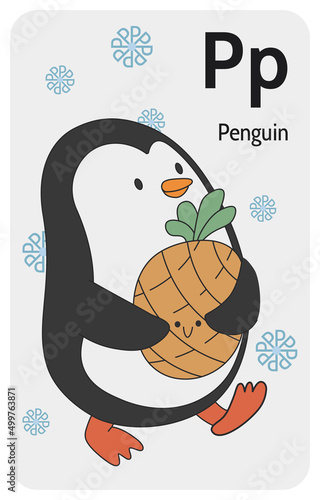 Penguin P letter. A-Z Alphabet collection with cute cartoon animals in 2D. Penguin going aside and carrying present pineapple. Penguin wants to give a gift to someone. Hand-drawn funny simple style.