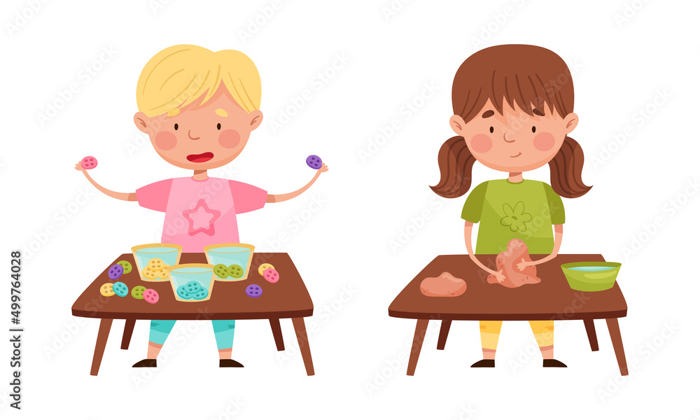 Creative kids playing Montessori educational games set. Boy and girl playing with colorful buttons and clay cartoon vector illustration Creative kids playing Montessori educational games set. Boy and girl playing with colorful buttons and clay cartoon vector illustration