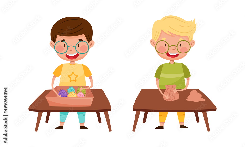 Creative kids playing Montessori educational games set. Boy and girl playing with colorful balls and clay cartoon vector illustration Creative kids playing Montessori educational games set. Boy and girl playing with colorful balls and clay cartoon vector illustration