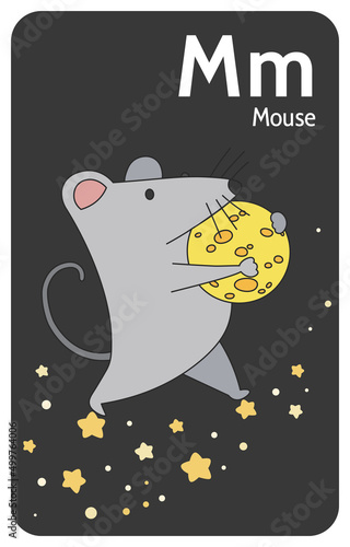 Mouse M letter. A-Z Alphabet collection with cute cartoon animals in 2D. Mouse going aside on Milky Way and carrying cheese in shape of Moon. Hand-drawn funny simple style.