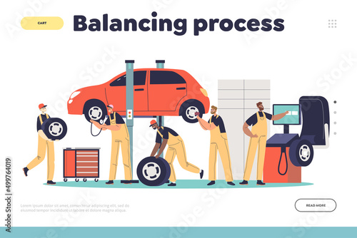 Car balancing process concept of landing page with workers changing tire for vehicle