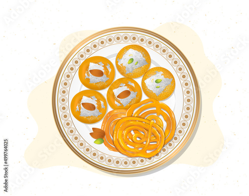 Ladoo and Jalebi Indian Sweets vector illustration from the top view