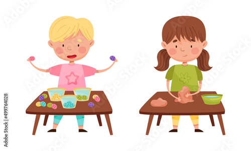Creative kids playing Montessori educational games set. Boy and girl playing with colorful buttons and clay cartoon vector illustration