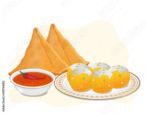 Samosa And Ladoo Indian Food vector illustration With Red tomato Souce