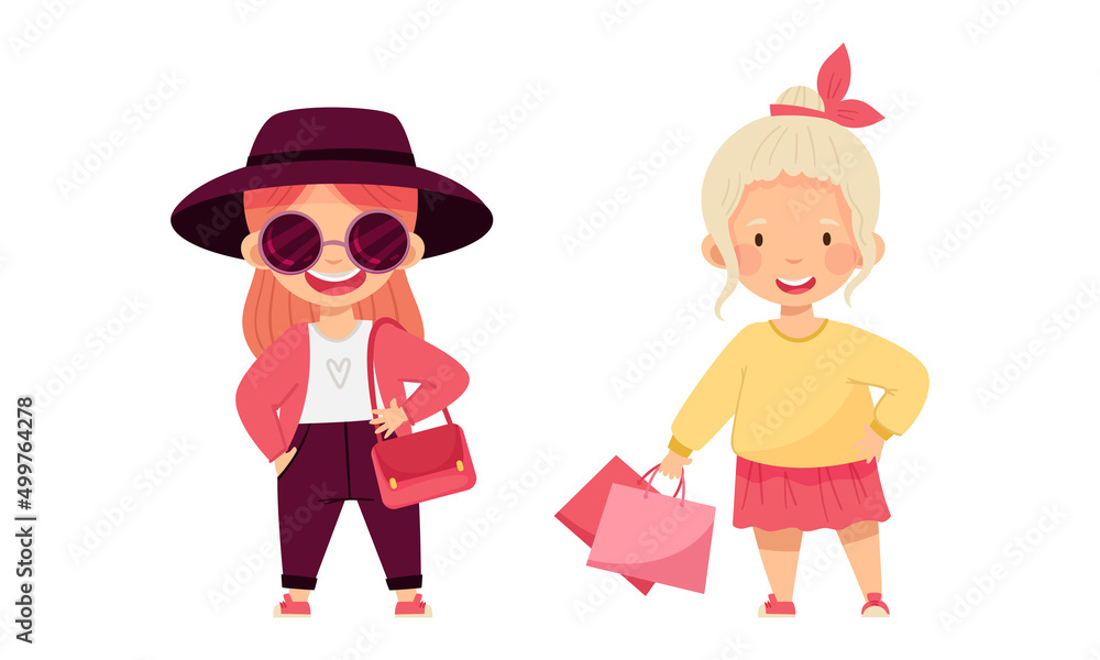 Cute beautiful little girls in fashionable outfit set. Girls choosing and buying fashionable clothes cartoon vector illustration Cute beautiful little girls in fashionable outfit set. Girls choosing and buying fashionable clothes cartoon vector illustration