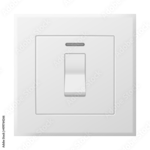 Realistic 3d electric toggle switch. Electric light switch control on white plastic panel isolated