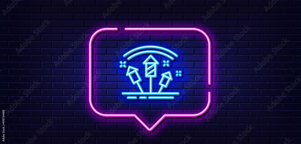 Neon light speech bubble. Fireworks rocket line icon. Pyrotechnic salute sign. Carnival celebration lights symbol. Neon light background. Fireworks rocket glow line. Brick wall banner. Vector Neon light speech bubble. Fireworks rocket line icon. Pyrotechnic salute sign. Carnival celebration lights symbol. Neon light background. Fireworks rocket glow line. Brick wall banner. Vector