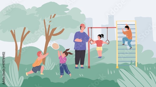 Vector cartoon family characters doing outdoor sports together,dad and little kids do exercises on gymnastic wall rings in park-happy childhood,sporty healthy family concept,web site banner ad design
