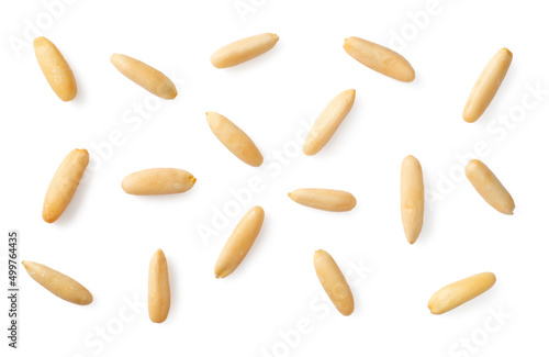Shelled European pine nuts isolated on white background, top view.