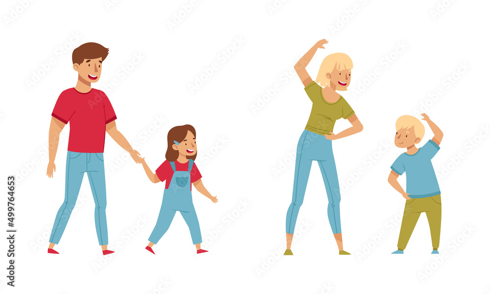 Fototapeta premium Family members spending time together set. Parents and kids walking and doing sports vector illustration