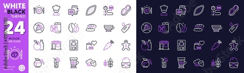 Frappe, Food delivery and Coffee maker line icons for website, printing. Collection of Romantic dinner, Peanut, Food order icons. Gluten free, Water bottle, Gingerbread man web elements. Vector