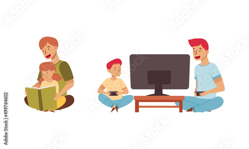 Family watching TV and reading book. Parents and kids spending time together vector illustration