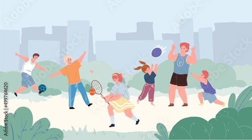 Vector flat cartoon characters young parents and kids doing outdoor sports in city park play badminton and football-happy childhood sporty healthy family social concept web site banner ad design