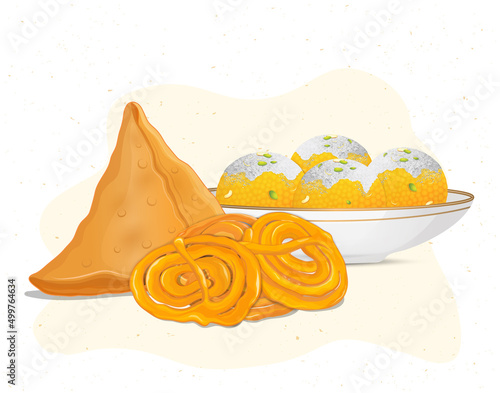 Ladoo, Samosa and Jalebi Indian food Vector illustration