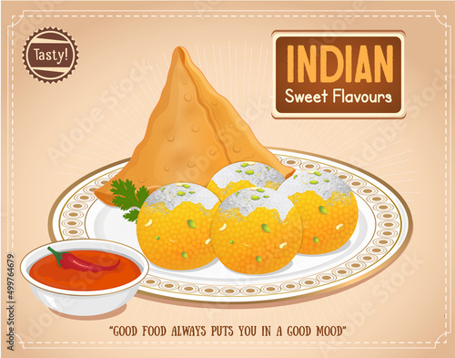Samosa  and ladoo Indian Sweet with Red tomato source vector illustration