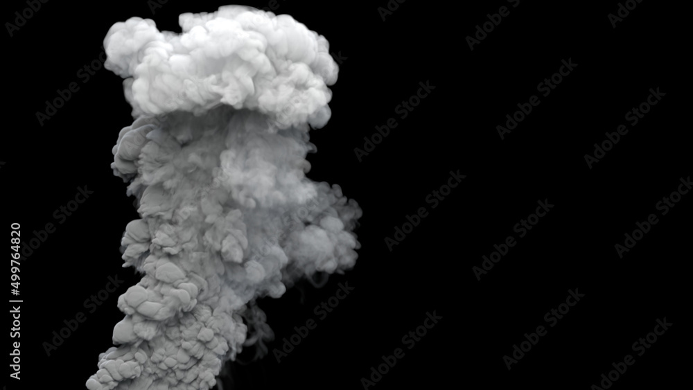 grey defilement smoke exhaust from explosion on black, isolated - industrial 3D rendering