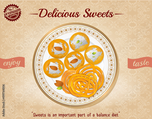 Ladoo and Jalebi Indian Sweet vector illustration from the top view