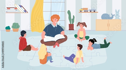 Vector cartoon flat kid characters in kindergarten listen with enthusiasm and interest to teacher who reads book story aloud-social communication,happy childhood,child preschool education concept