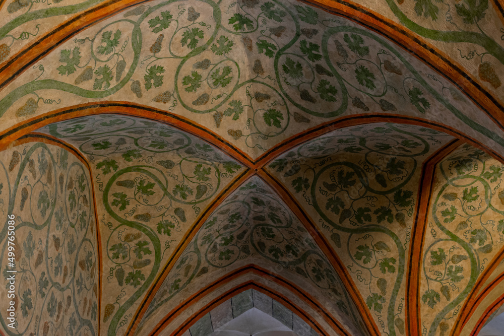 Painted vaulted ceiling of an ancient gothic catholic church	
