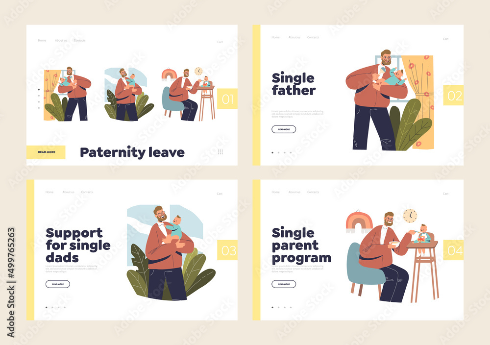 Paternity leave and single dad lifestyle concept of landing pages with father caring of infant kid