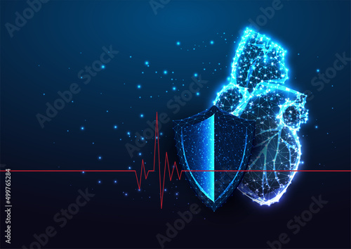 Futuristic heart protection, cardiology concept banner with glowing anatomical heart and shield