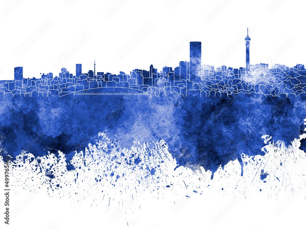 Obraz premium Johannesburg skyline in blue watercolor on white background