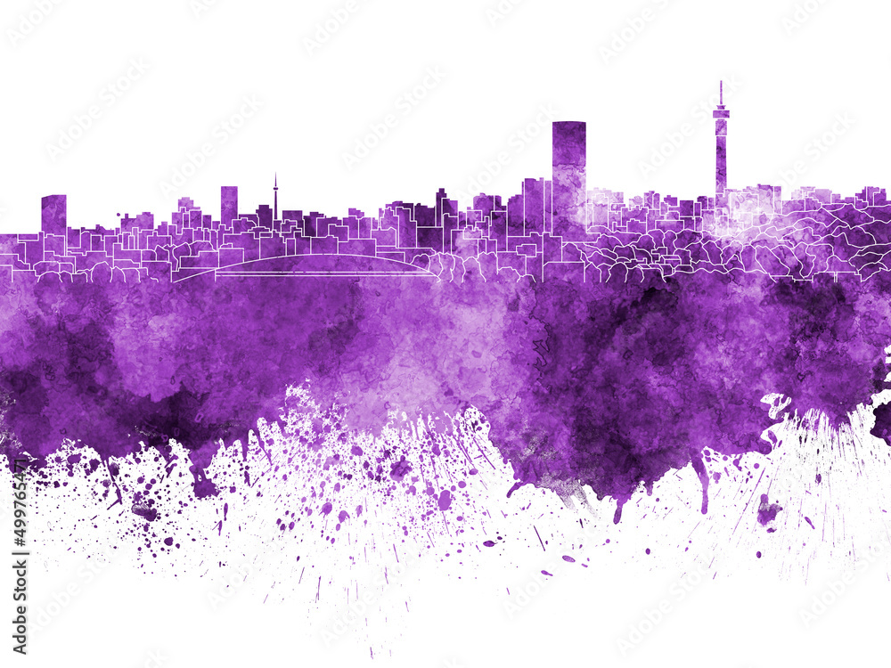 Fototapeta premium Johannesburg skyline in purple watercolor on white background