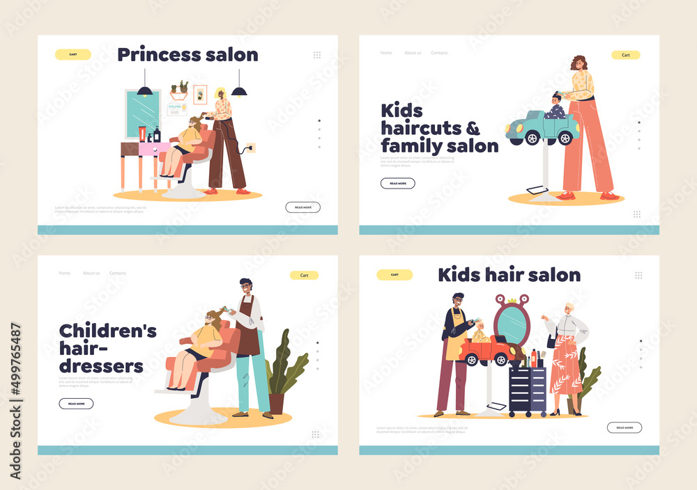 Kids barbershop and hairdressing salon concept of landing pages set with hairdressers making haircut