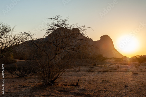 Impression of the Rocky Namibian Desert near Spitzkoppe during the golden hour around sunset.