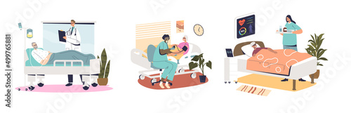 Elderly patients lying in hospital bed with nurse or medical doctor visiting, cartoon characters set