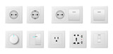 Wall switch. Realistic plug set. Panel power electrical socket, light switch and cable inlet