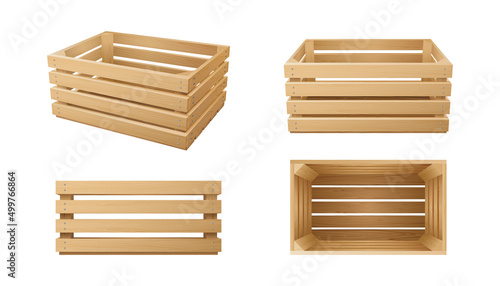Set of realistic wooden boxes, baskets for transportation and delivery of food, fruits, vegetables