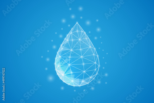 Water drop low poly symbol with white connected dots. 3d geometric polygonal Oil drop. Droplet, raindrop design vector illustration.