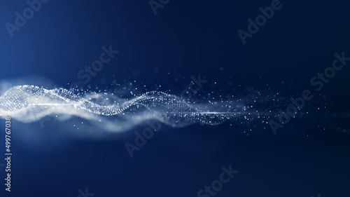 Abstract digital particle wave and light with flowing small particles dance motion on the wave and light abstract background. Cyberspace, and technology digital connection abstract background concept.