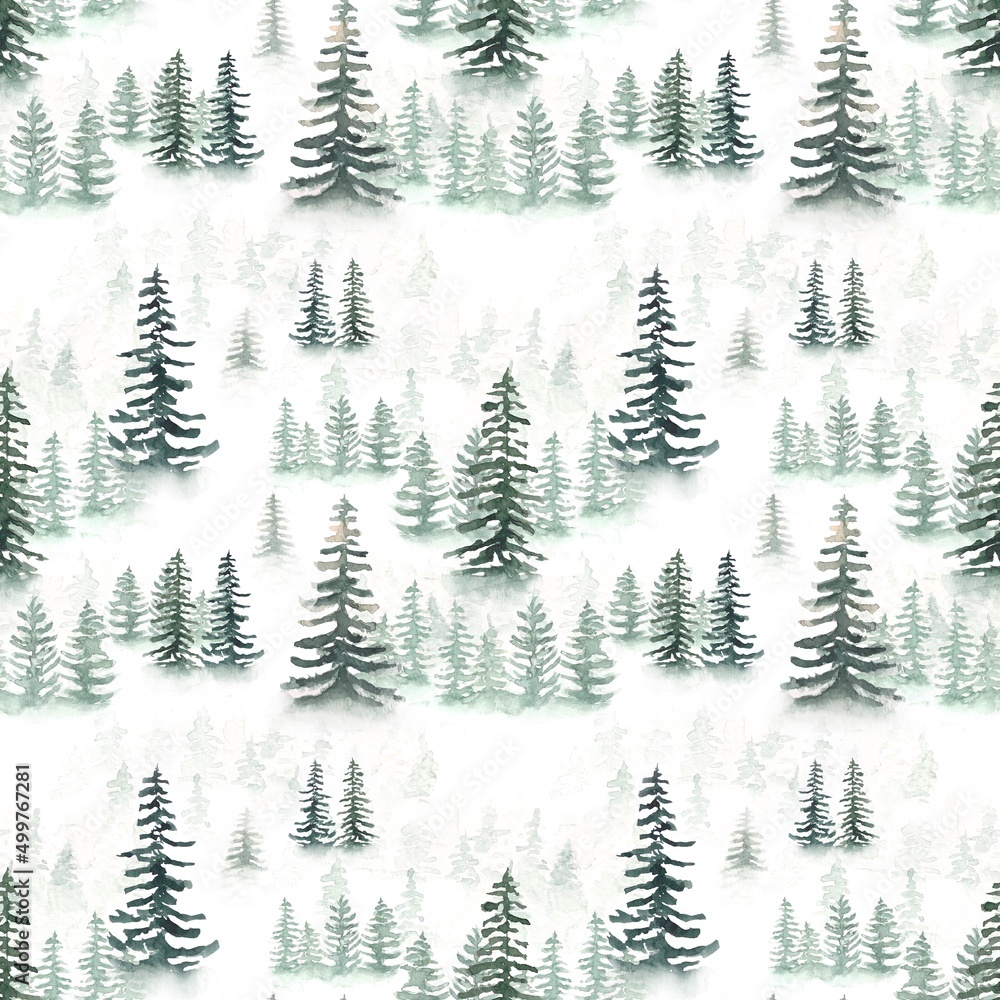Forest seamless pattern. Watercolor Pine background