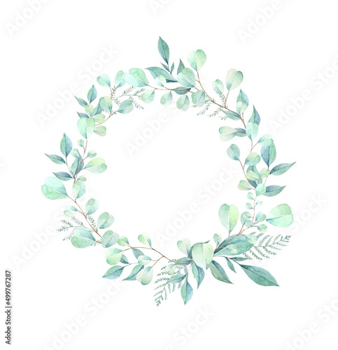 Watercolor leaf wreath. Floral background hand painted. © Diasha Art