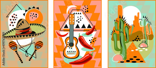 Vector set of posters in Mexican style. Plants, abstract forms, landscape, musical instruments, Mexican pepper. Collection of contemporary art photo