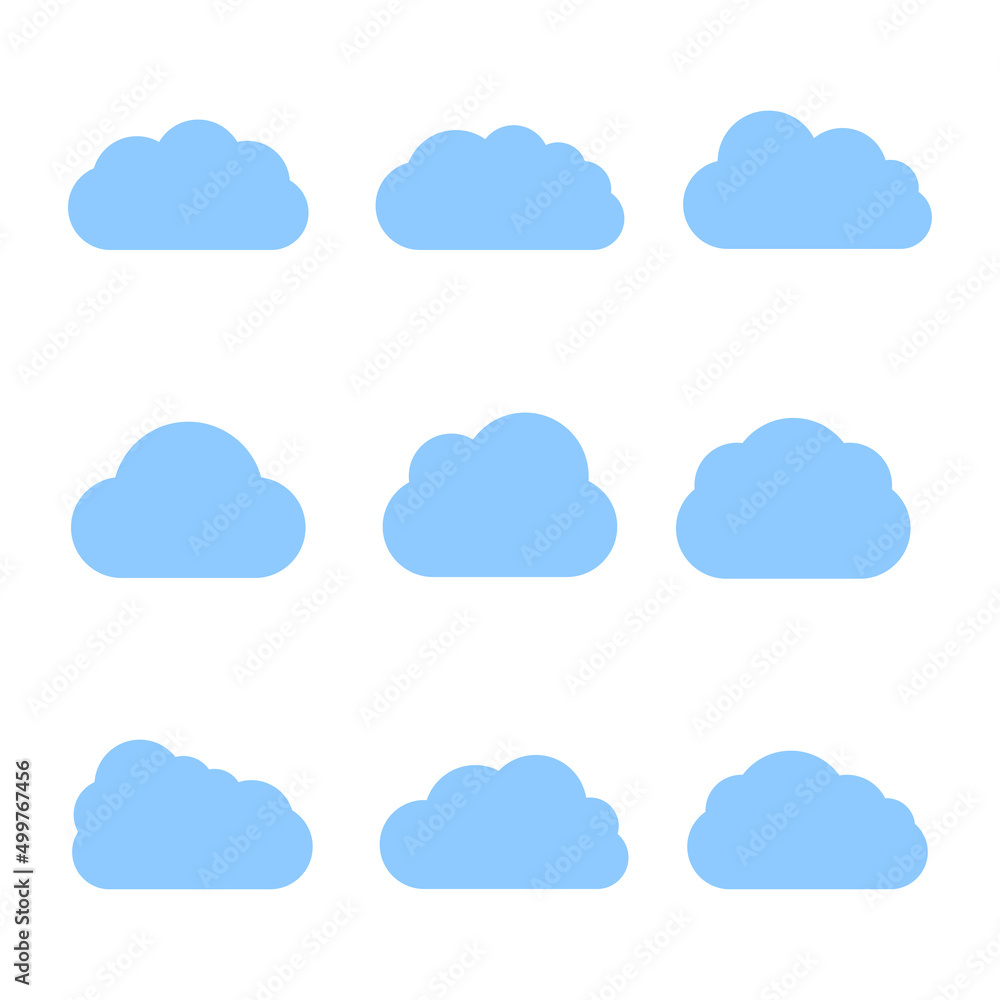 Set of blue clouds, vector icon isolated on white background.