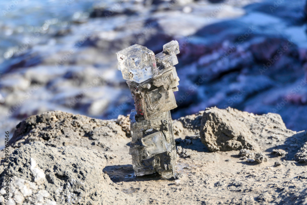 Naklejka premium Closeup view of the Dead Sea mineral salt crystals. Selective focus.