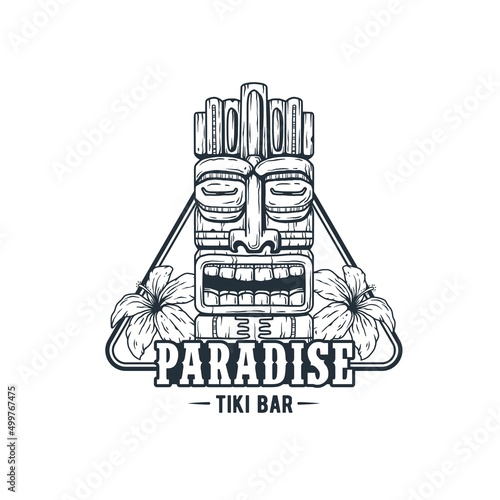 Tiki mask with flowers for tropical paradise. Exotic summer hawaii print for surfing or beach tiki bar