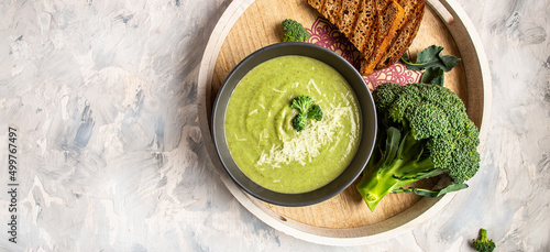 Cream of Green Vegetable Soup. Clean eating, dieting, vegan, vegetarian, healthy food concept, top view
