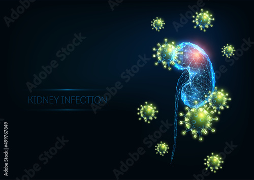 Futuristic kidney infectious disease concept with glowing low polygonal anatomical kidney and virus